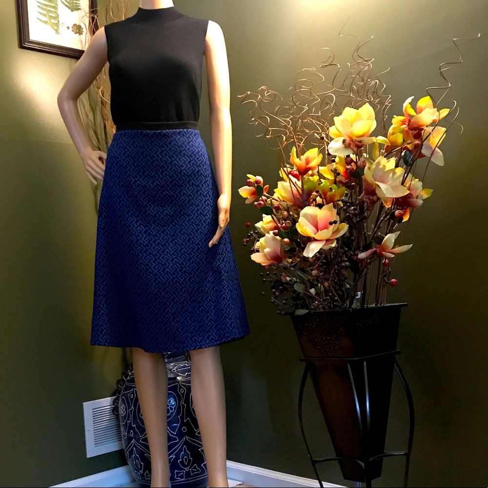 NY COLLECTION Royal Blue & Black Geo Pattern  Knee-Length A-Line Skirt Sz.L~EUC!